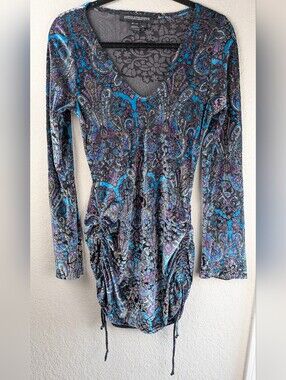 Warrior Within Velvet Burnout Mini Dress XL Ruched Drawstring Paisley Sold Out